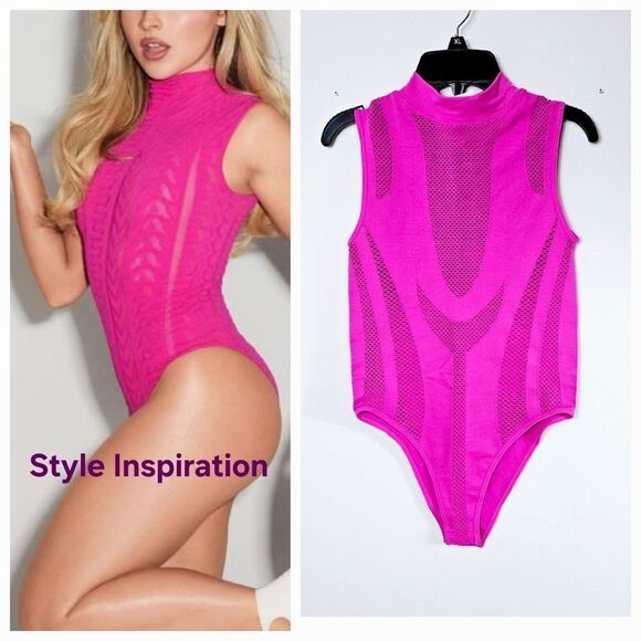 Nylon Mesh Cutout Bodysuit Mockneck  Top FUCHSIA Pink NWT Size S/M and M/L - Picture 10 of 10